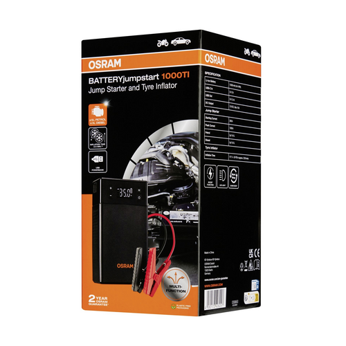 Schwarzes Kfz-Starthilfe- und Reifenfüllgerät von Osram mit Batterieklemmen. Verpackung zeigt Spezifikationen und Anwendungsfotos.